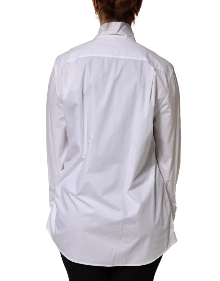 Dolce &amp; Gabbana White Cotton Bow Tie Long Sleeves Blouse Top