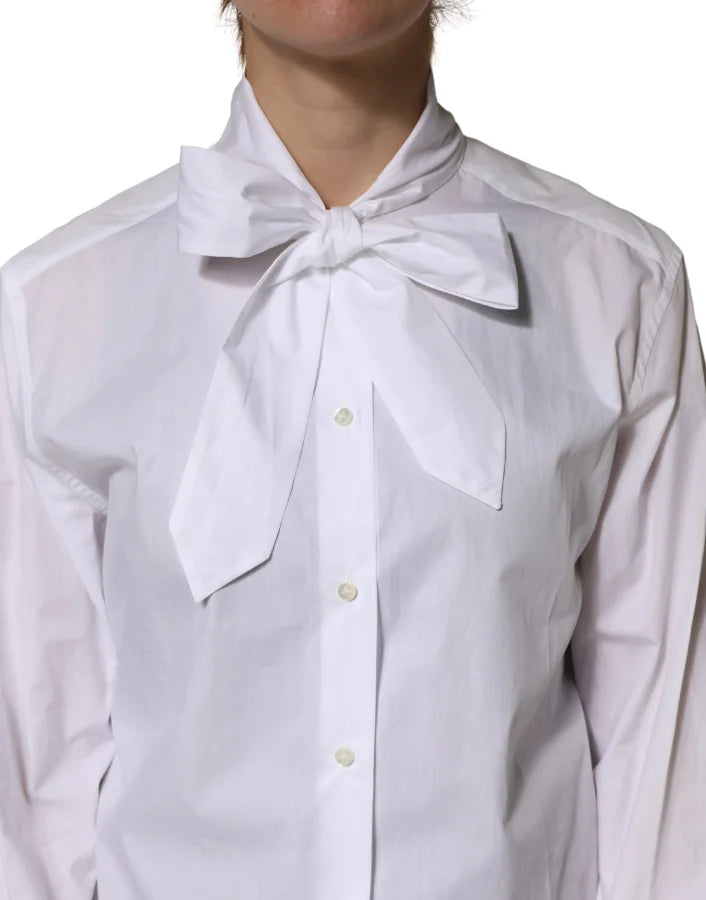 Dolce &amp; Gabbana White Cotton Bow Tie Long Sleeves Blouse Top