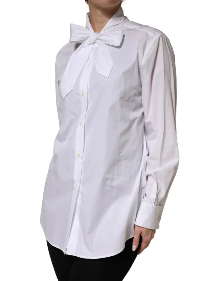 Dolce &amp; Gabbana White Cotton Bow Tie Long Sleeves Blouse Top