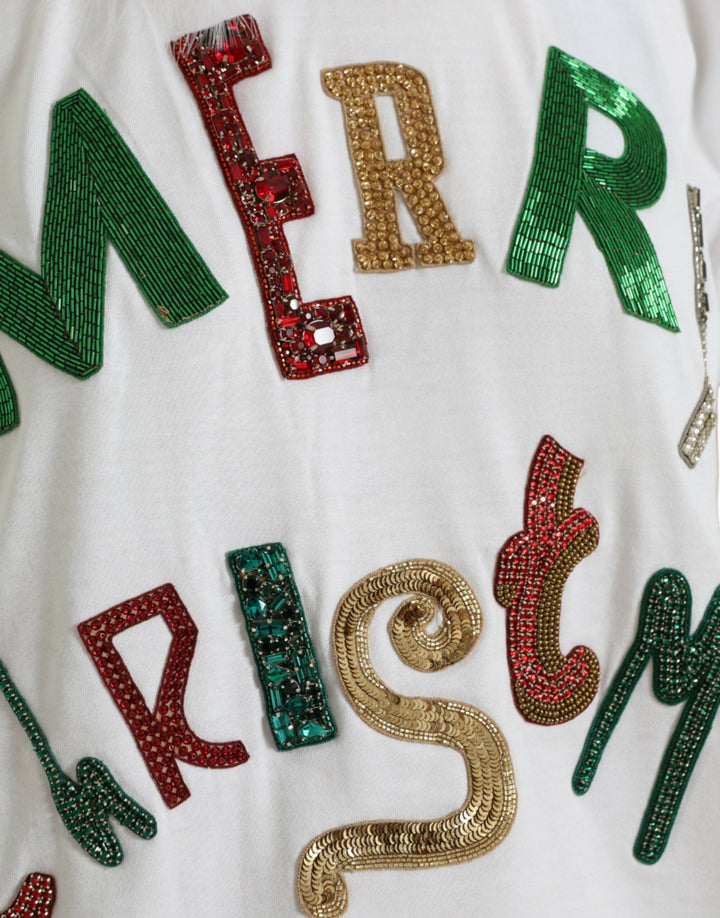 Dolce &amp; Gabbana - White Cotton Christmas Sequin Fur T-shirt