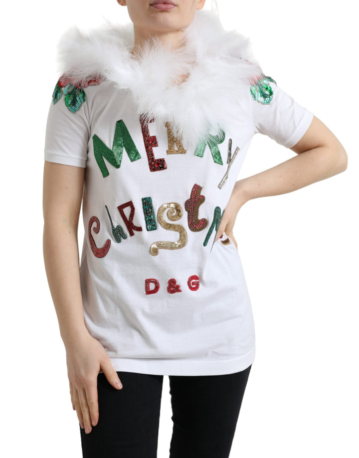 Dolce &amp; Gabbana - White Cotton Christmas Sequin Fur T-shirt