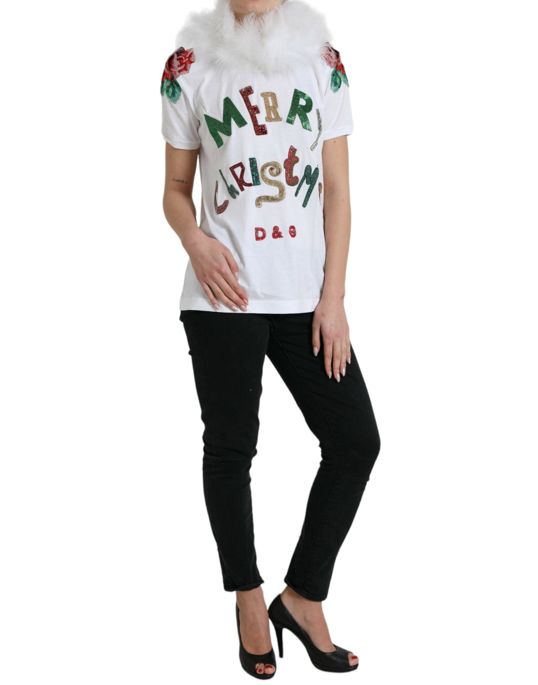 Dolce &amp; Gabbana - White Cotton Christmas Sequin Fur T-shirt