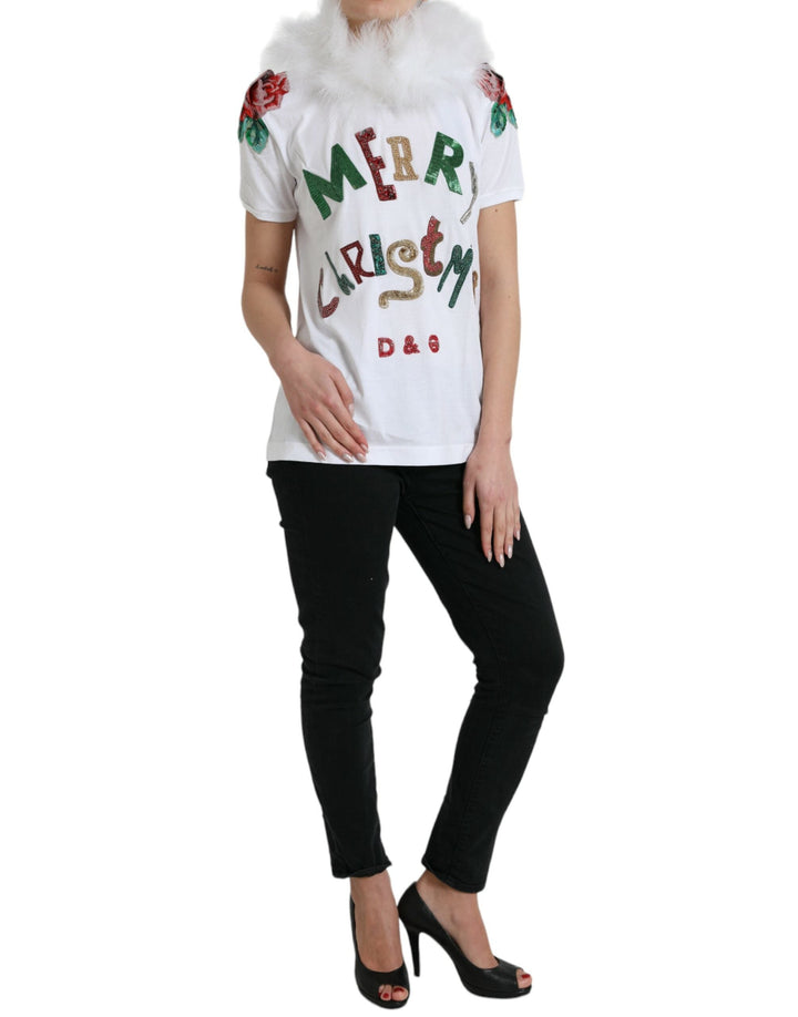 Dolce &amp; Gabbana - White Cotton Christmas Sequin Fur T-shirt