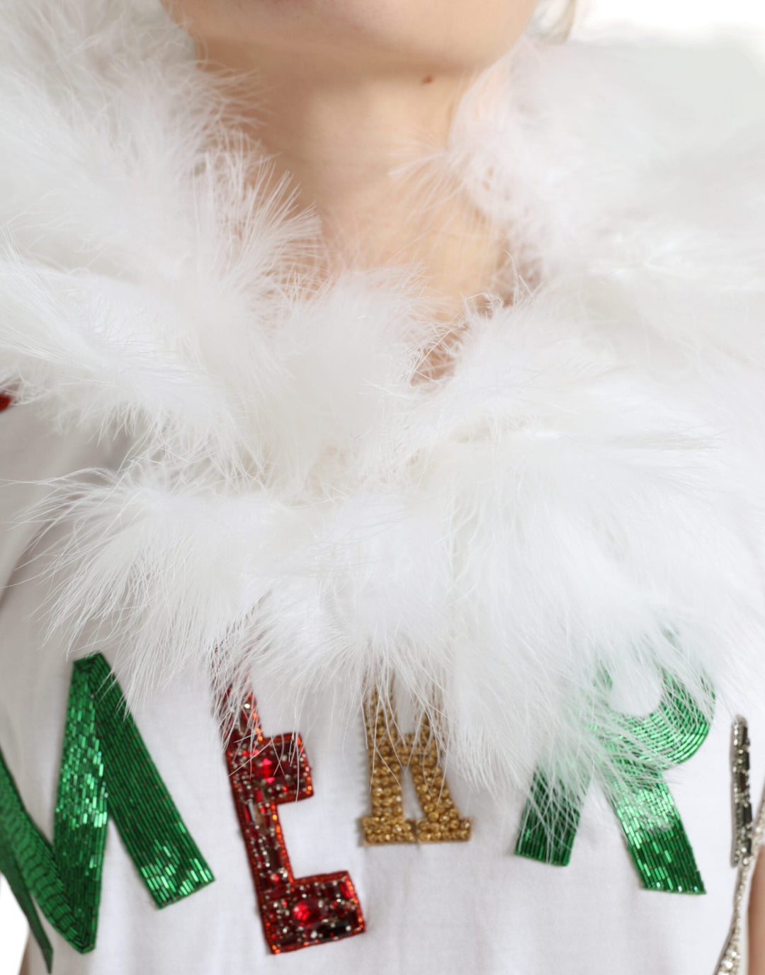 Dolce &amp; Gabbana - White Cotton Christmas Sequin Fur T-shirt