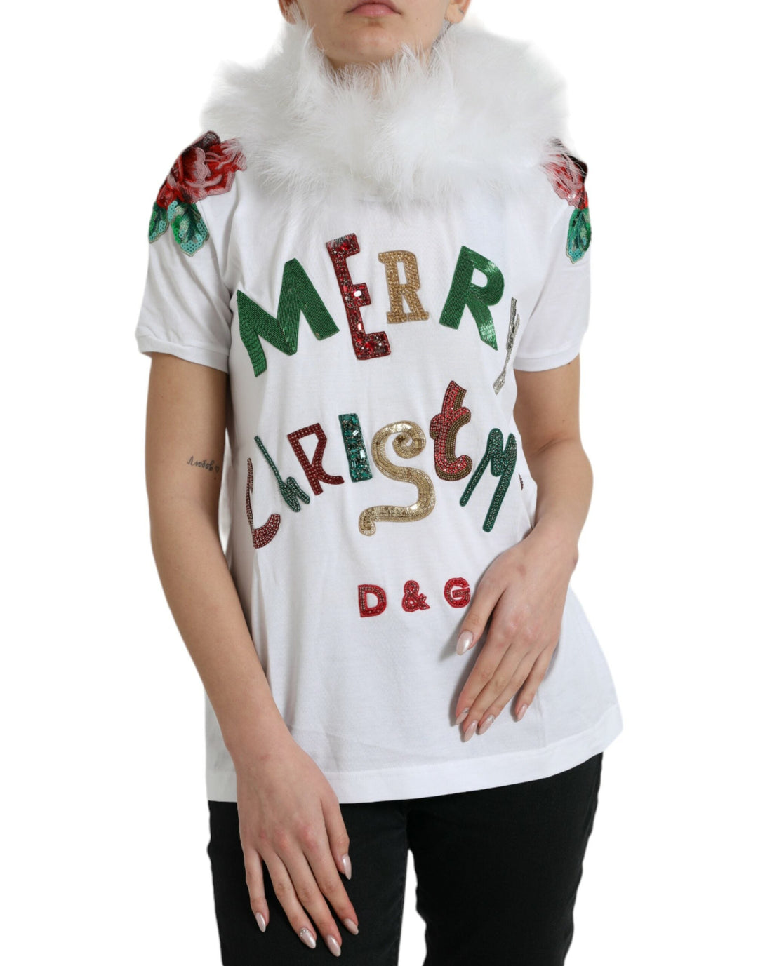 Dolce &amp; Gabbana - White Cotton Christmas Sequin Fur T-shirt