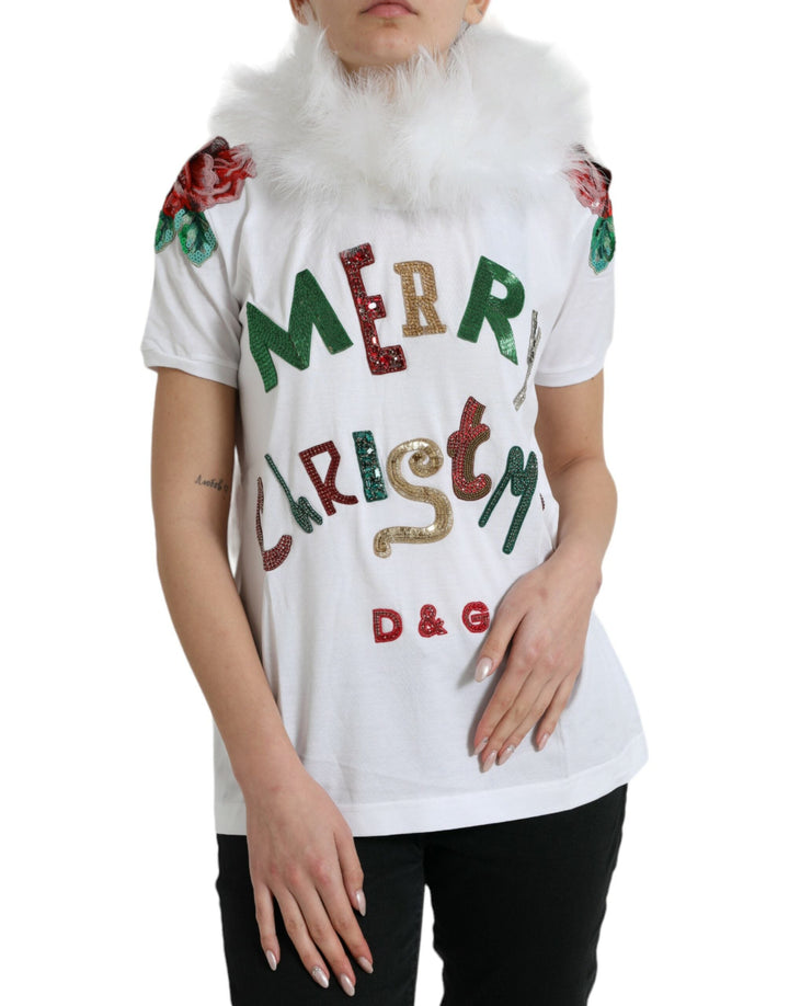 Dolce &amp; Gabbana - White Cotton Christmas Sequin Fur T-shirt