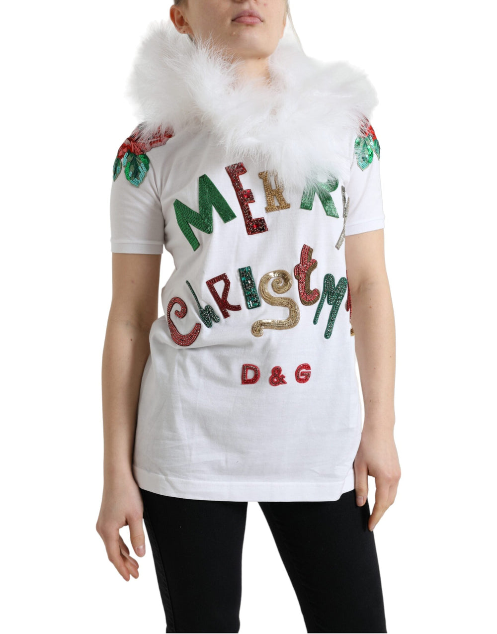 Dolce & Gabbana - White Cotton Christmas Sequin Fur T-shirt