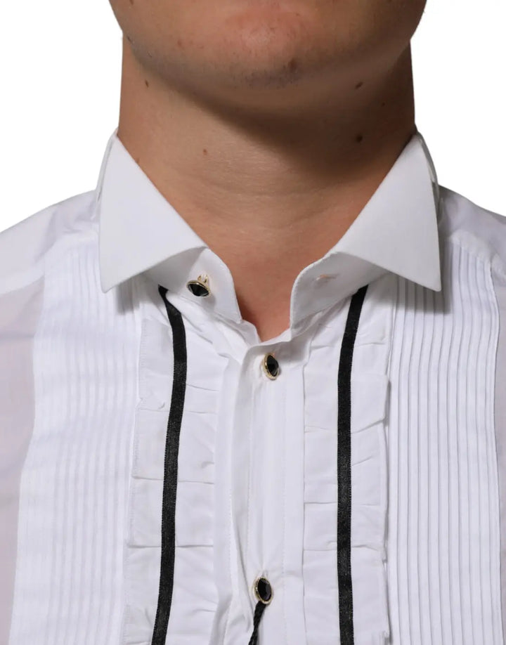 Dolce &amp; Gabbana White Cotton Collared Long Sleeve GOLD Dress Shirt