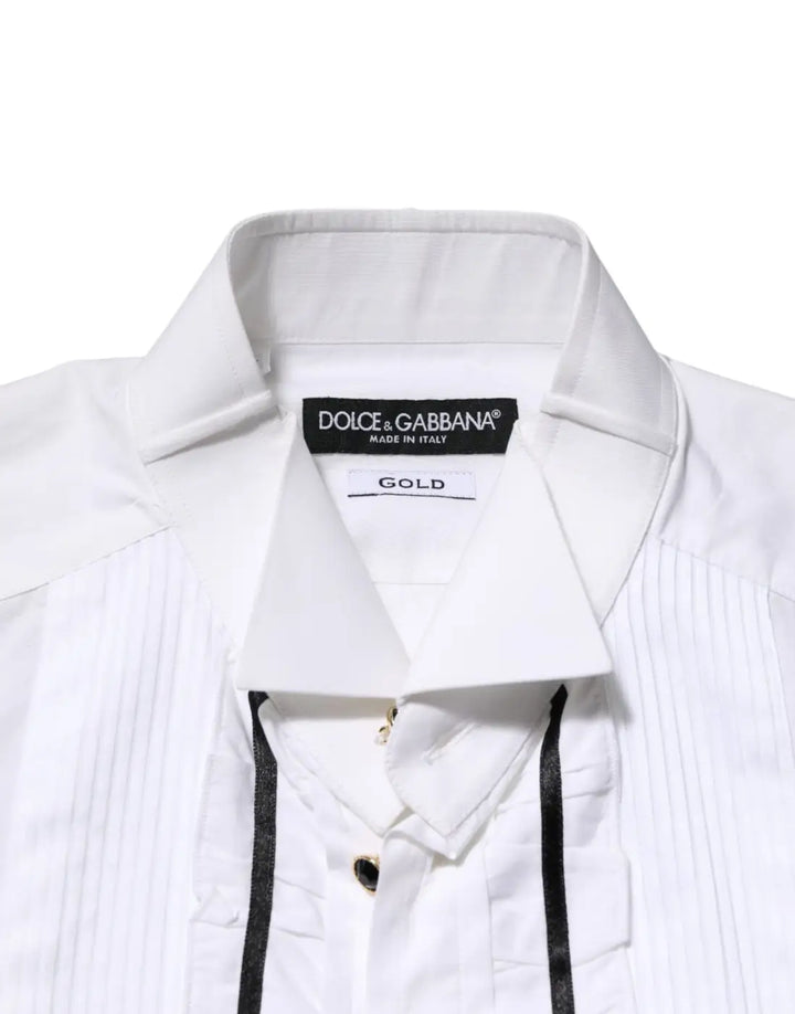 Dolce &amp; Gabbana White Cotton Collared Long Sleeve GOLD Dress Shirt