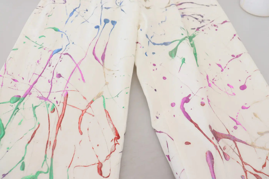Dolce &amp; Gabbana White Cotton Color Splash Print Denim Pants