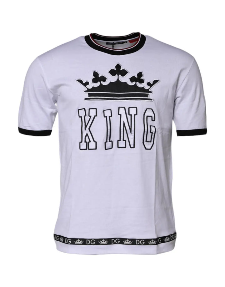 Dolce &amp; Gabbana White Cotton Crown King Embroidery T-shirt