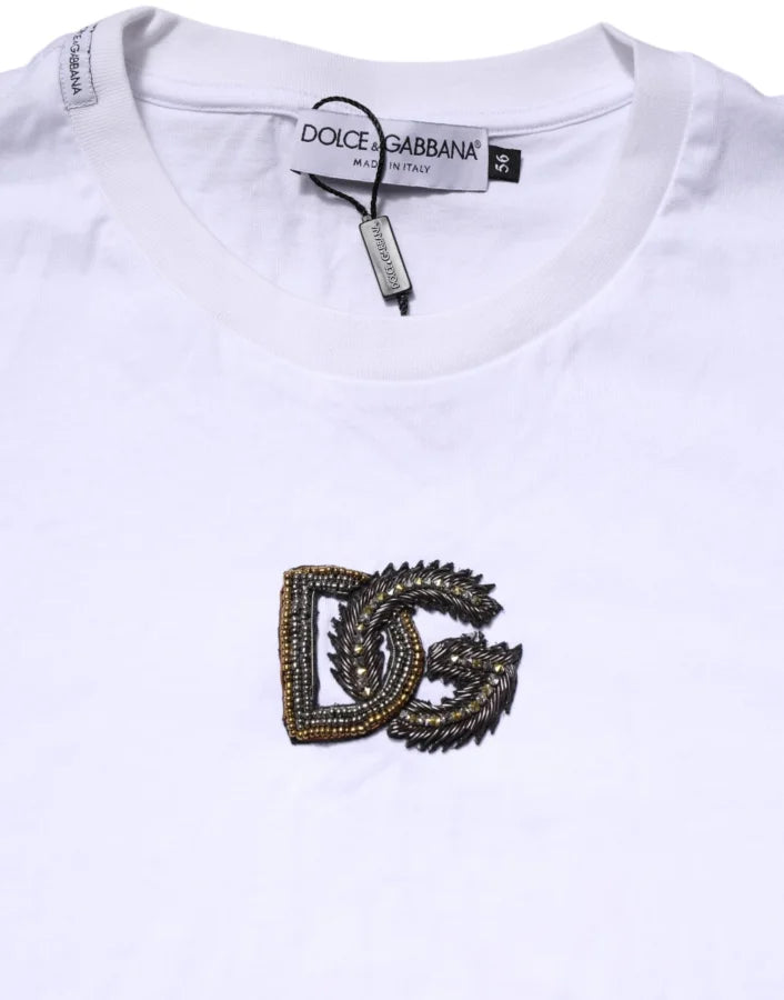 Dolce &amp; Gabbana White Cotton DG Logo Embroidery Men T-shirt