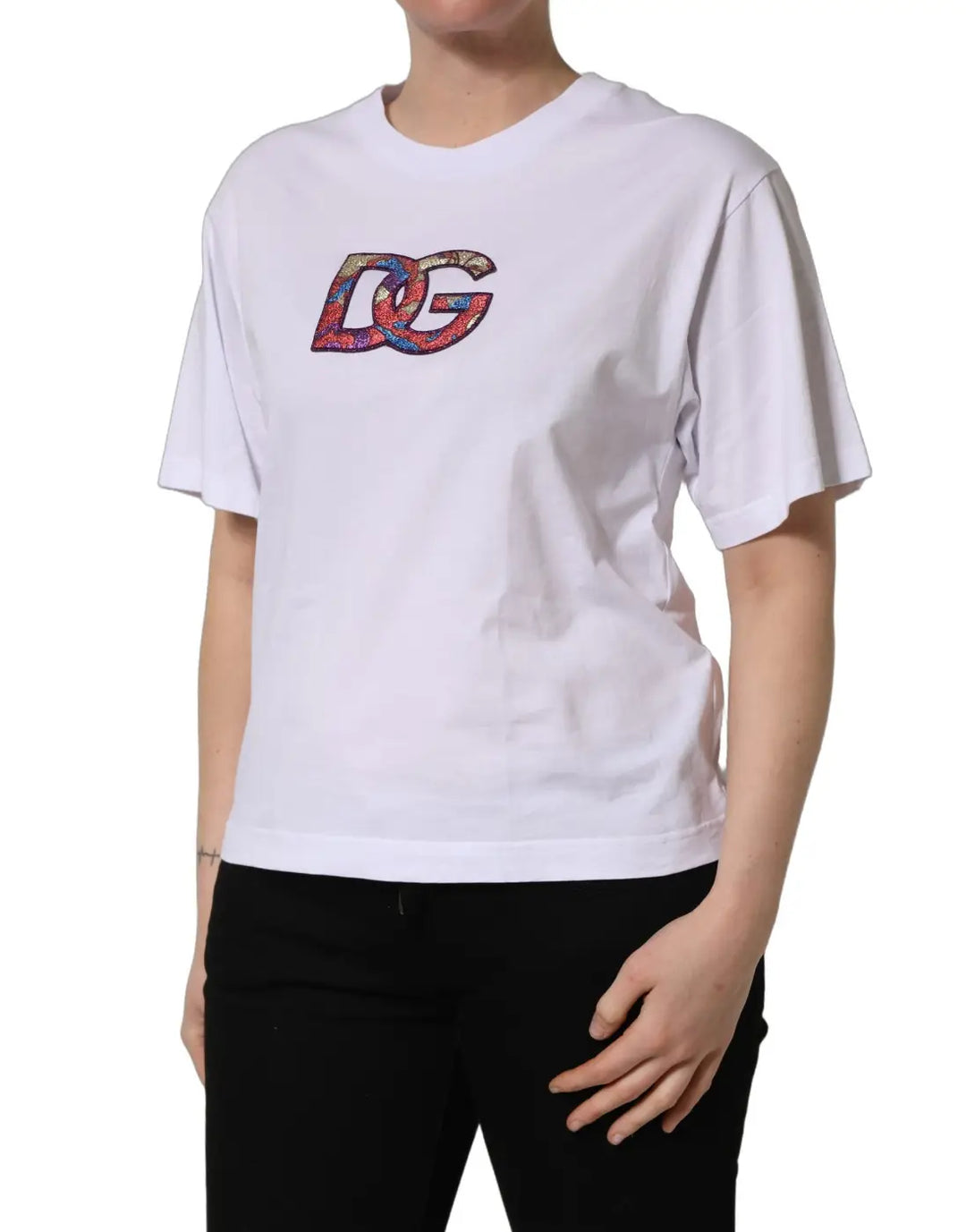 Dolce &amp; Gabbana White Cotton DG Logo Patch Crew Neck T-shirt