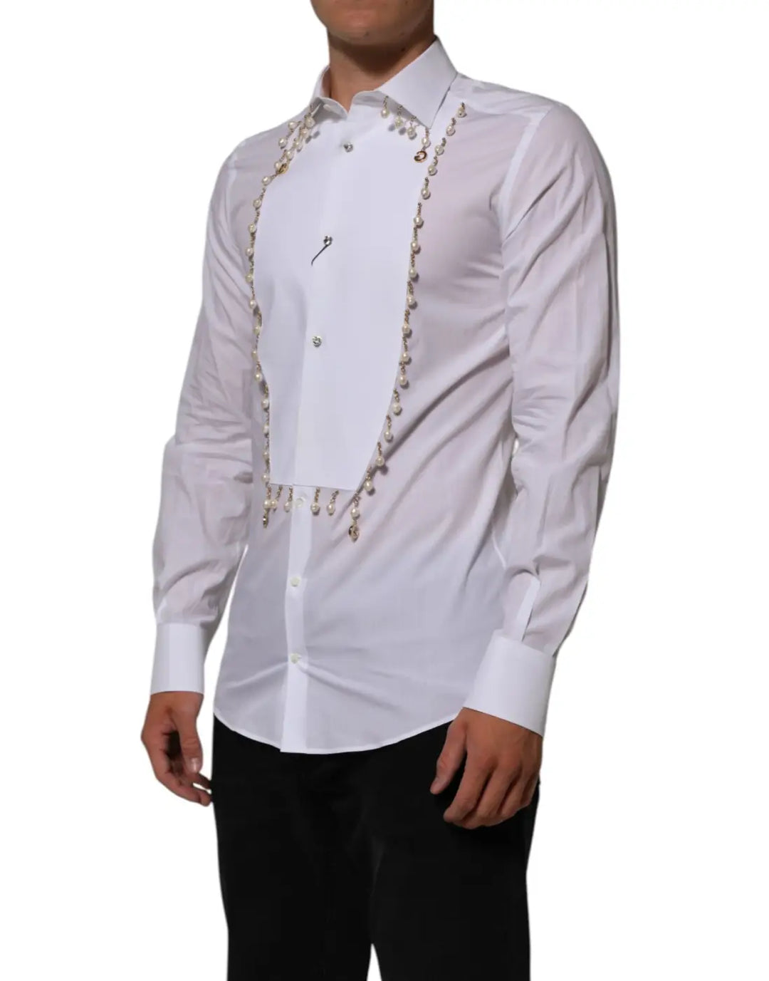 Dolce &amp; Gabbana White Cotton DG Logo Pearl GOLD Formal Shirt