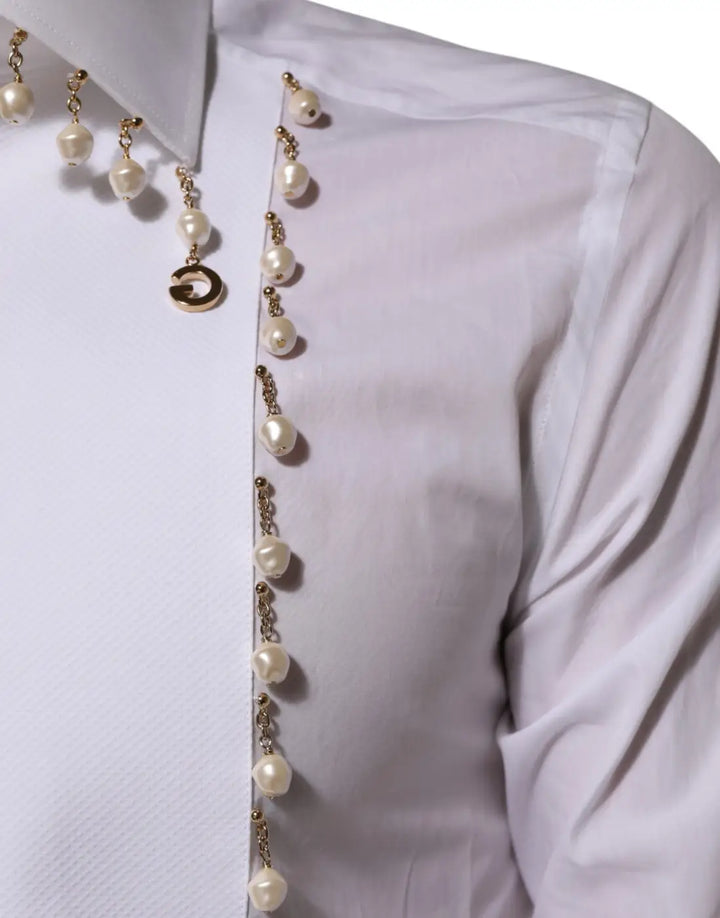 Dolce &amp; Gabbana White Cotton DG Logo Pearl GOLD Formal Shirt