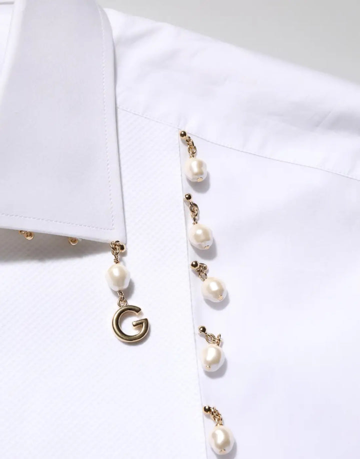Dolce &amp; Gabbana White Cotton DG Logo Pearl GOLD Formal Shirt
