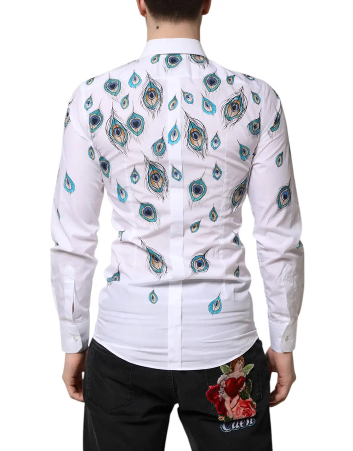 Dolce &amp; Gabbana White Cotton Feather Print GOLD Dress Shirt