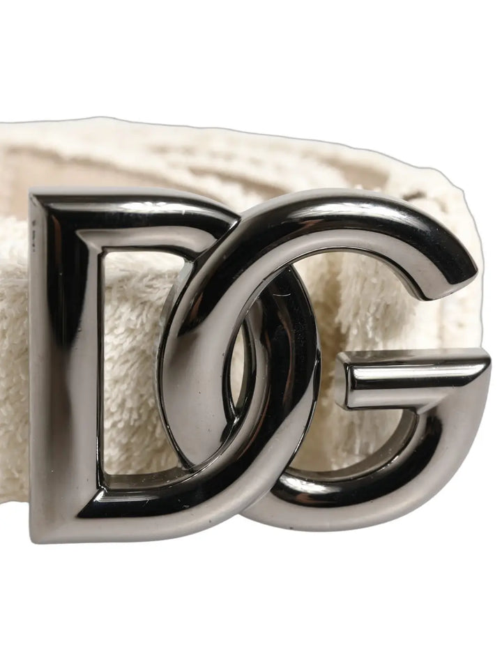 Dolce &amp; Gabbana White Cotton Fleece DG Logo Metal Buckle Belt