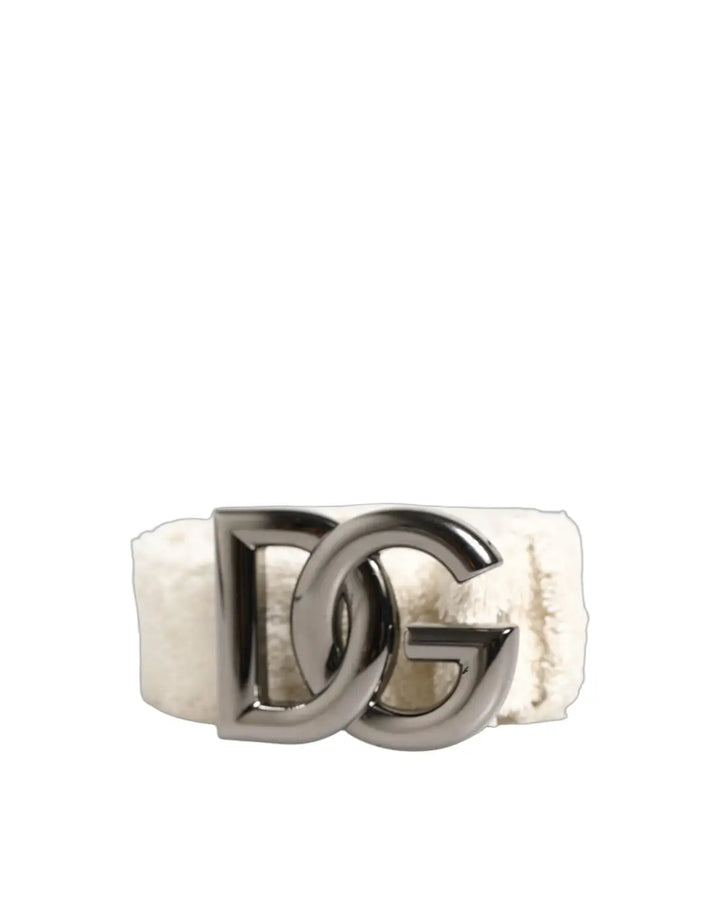 Dolce &amp; Gabbana White Cotton Fleece DG Logo Metal Buckle Belt