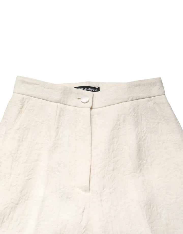 Dolce &amp; Gabbana White Cotton Floral Brocade Dress Pants