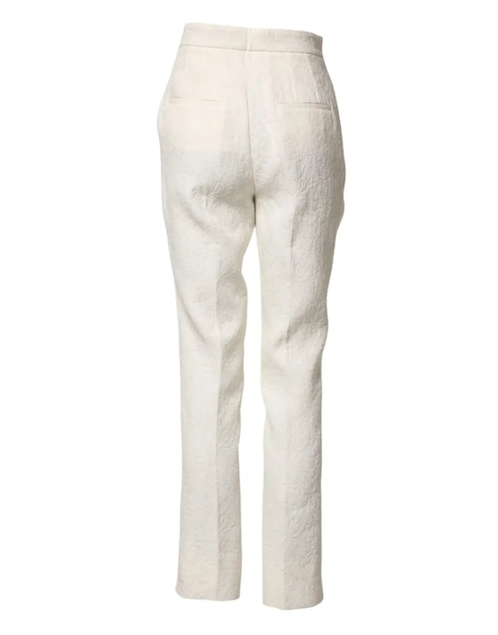 Dolce &amp; Gabbana White Cotton Floral Brocade Dress Pants