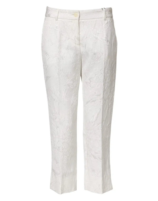 Dolce & Gabbana White Cotton Floral Jacquard Pants