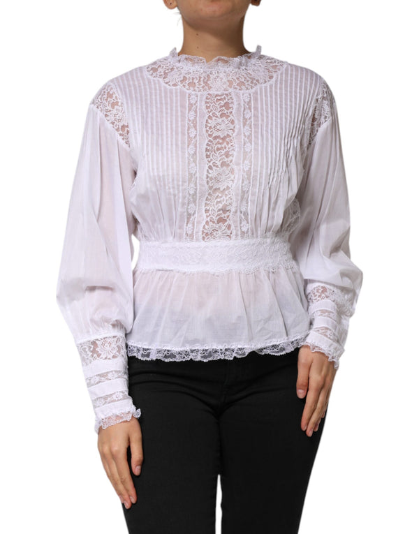 Dolce & Gabbana Blouses - Women’s White Cotton Floral Lace Long Sleeves Top