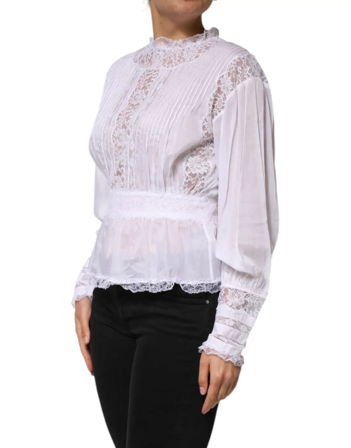 Dolce &amp; Gabbana White Cotton Floral Lace Long Sleeves Top