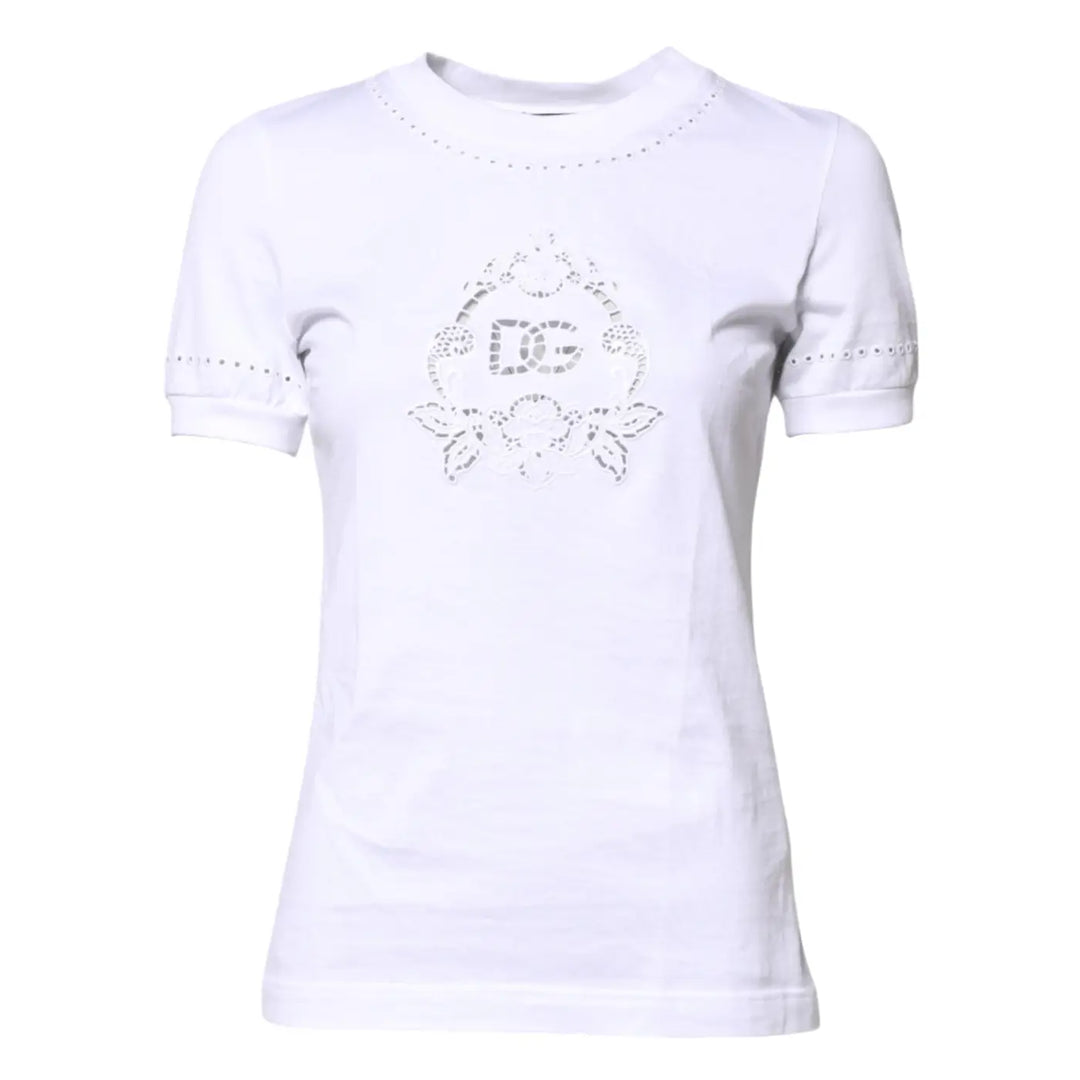 Dolce &amp; Gabbana White Cotton Floral Logo Crew Neck T-shirt