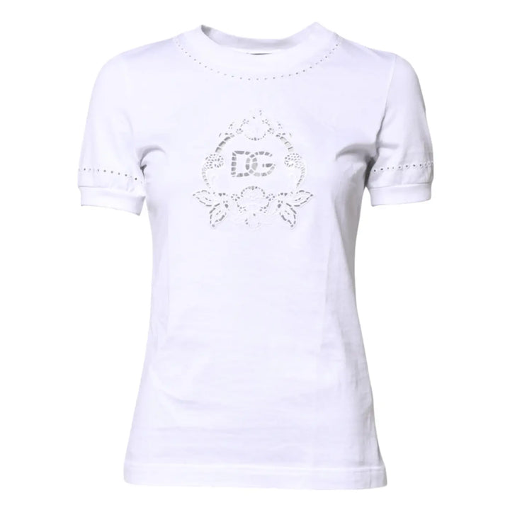 Dolce &amp; Gabbana White Cotton Floral Logo Crew Neck T-shirt