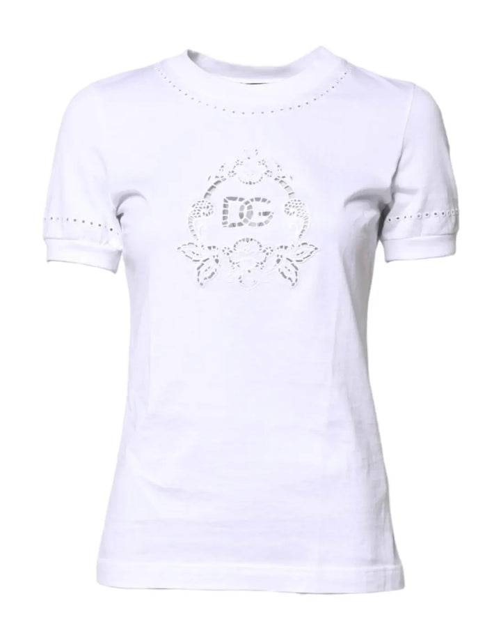 Dolce &amp; Gabbana White Cotton Floral Logo Crew Neck T-shirt
