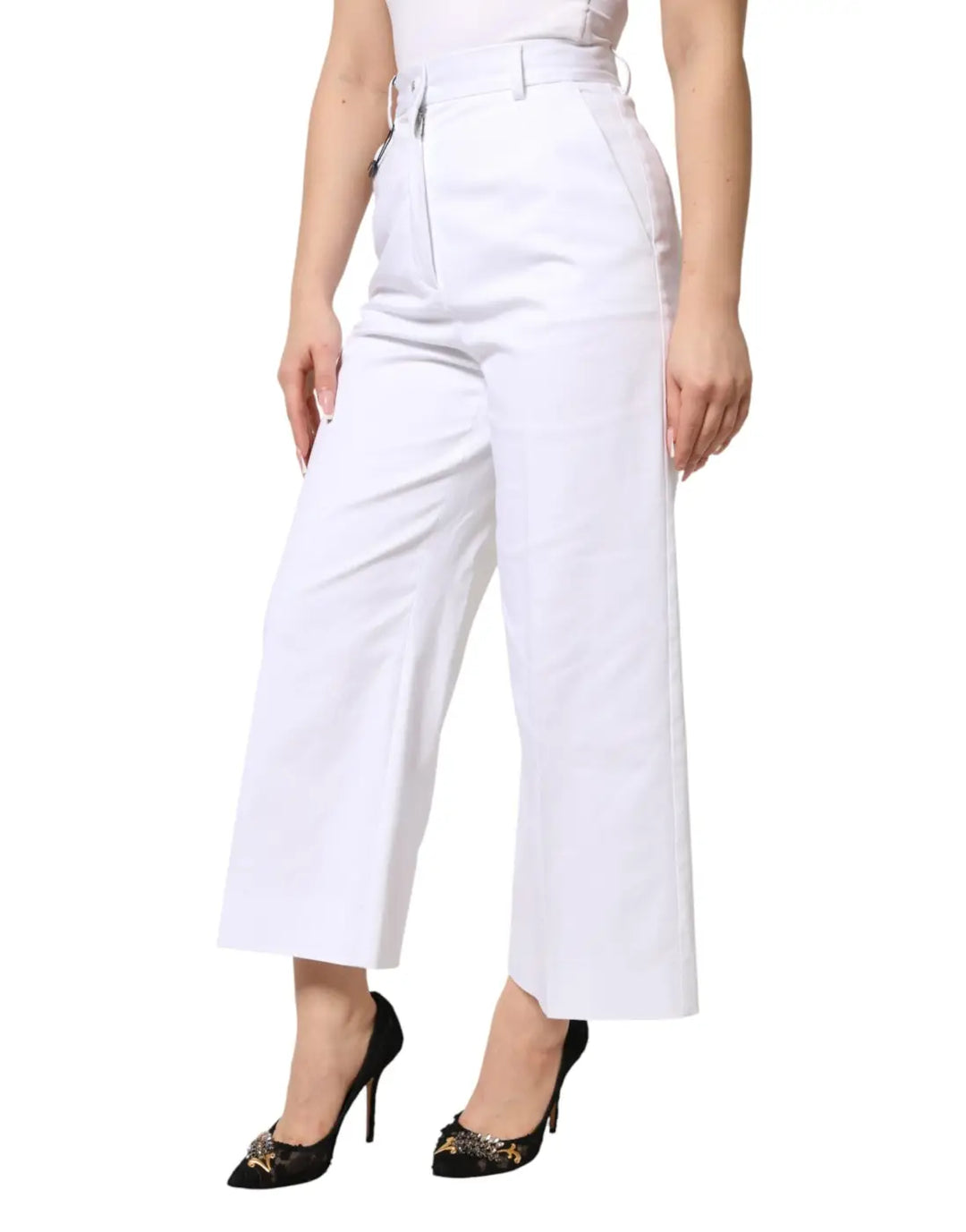 Dolce &amp; Gabbana White Cotton High Waist WideLeg Cropped Pants