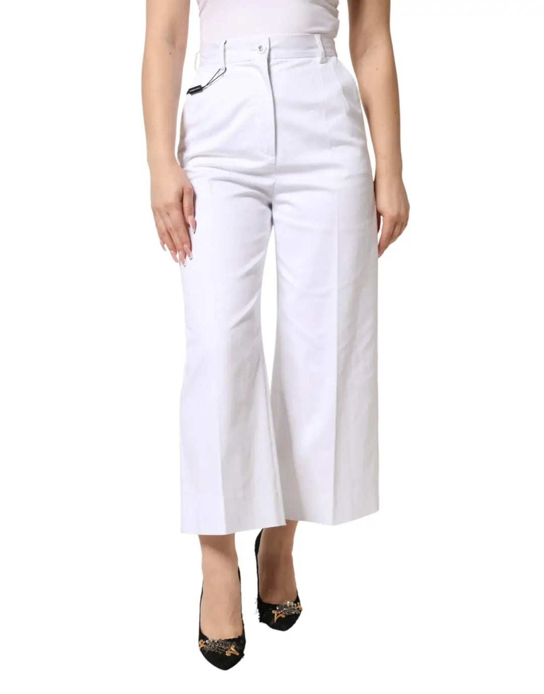 Dolce &amp; Gabbana White Cotton High Waist WideLeg Cropped Pants