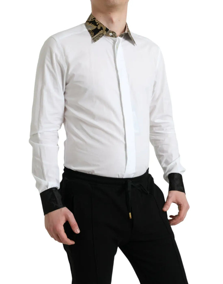 Dolce &amp; Gabbana White Cotton Jacquard Formal GOLD Dress Shirt