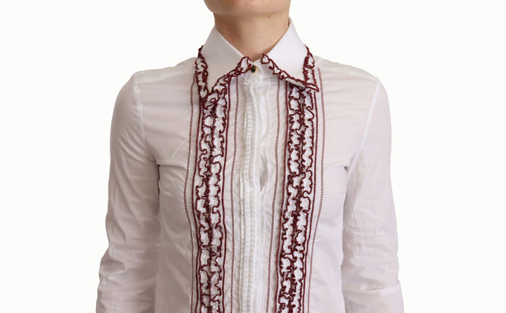 Dolce &amp; Gabbana Blouses - Women’s White Cotton Lace Long Sleeves Ruffle Collar Top Shirt