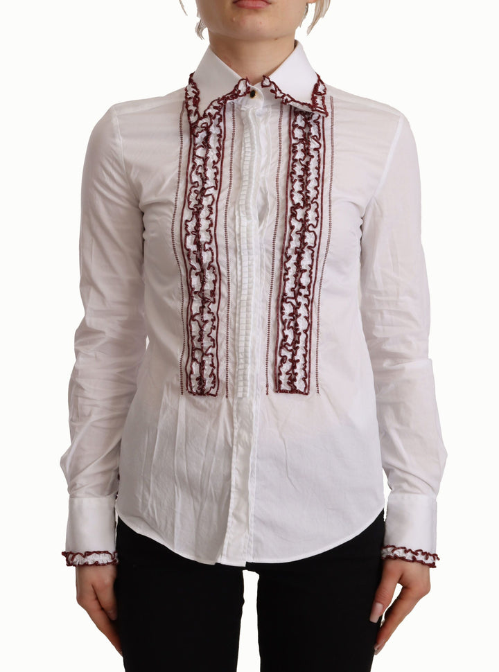 Dolce &amp; Gabbana Blouses - Women’s White Cotton Lace Long Sleeves Ruffle Collar Top Shirt