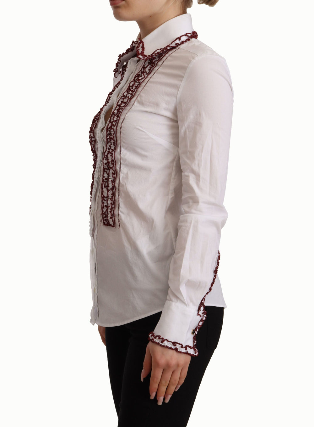 Dolce & Gabbana Blouses - Women’s White Cotton Lace Long Sleeves Ruffle Collar Top Shirt