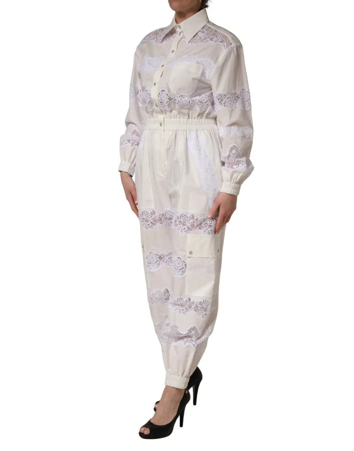 Dolce &amp; Gabbana White Cotton Lace Trim Long Sleeves Jumpsuit
