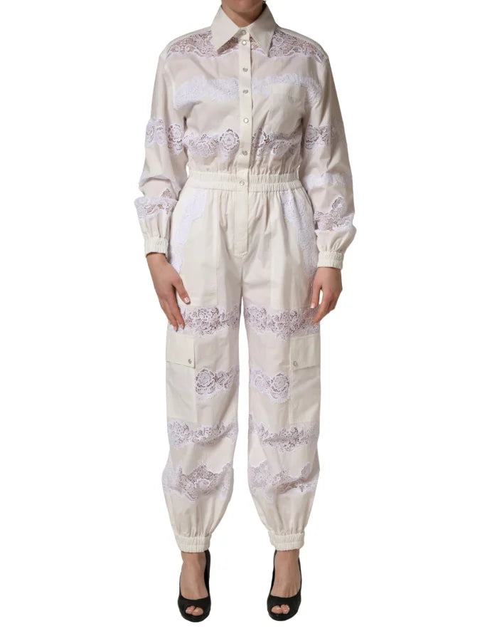 Dolce &amp; Gabbana White Cotton Lace Trim Long Sleeves Jumpsuit