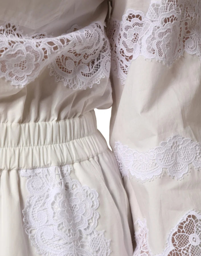 Dolce &amp; Gabbana White Cotton Lace Trim Long Sleeves Jumpsuit