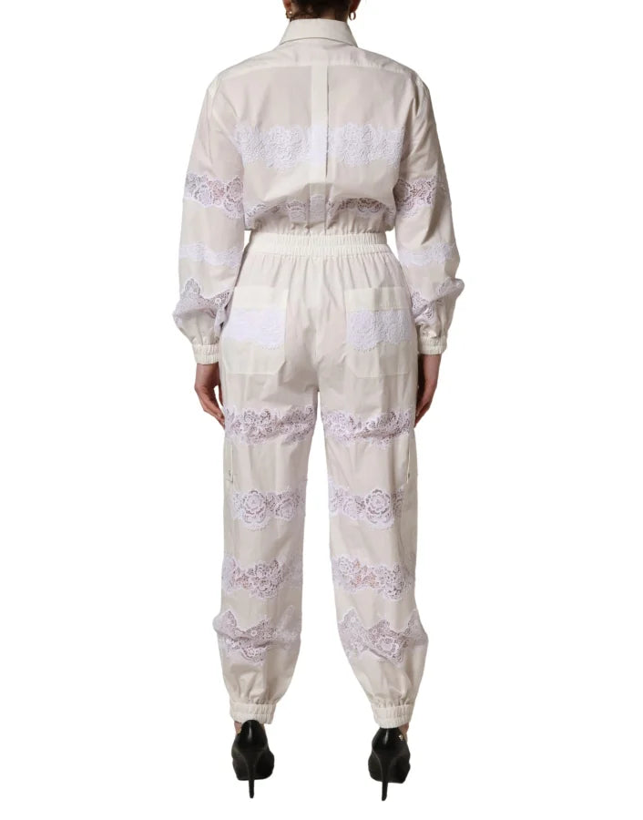 Dolce &amp; Gabbana White Cotton Lace Trim Long Sleeves Jumpsuit