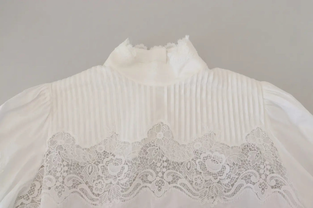 Dolce &amp; Gabbana White Cotton Lace Trim Turtle Neck Blouse Top