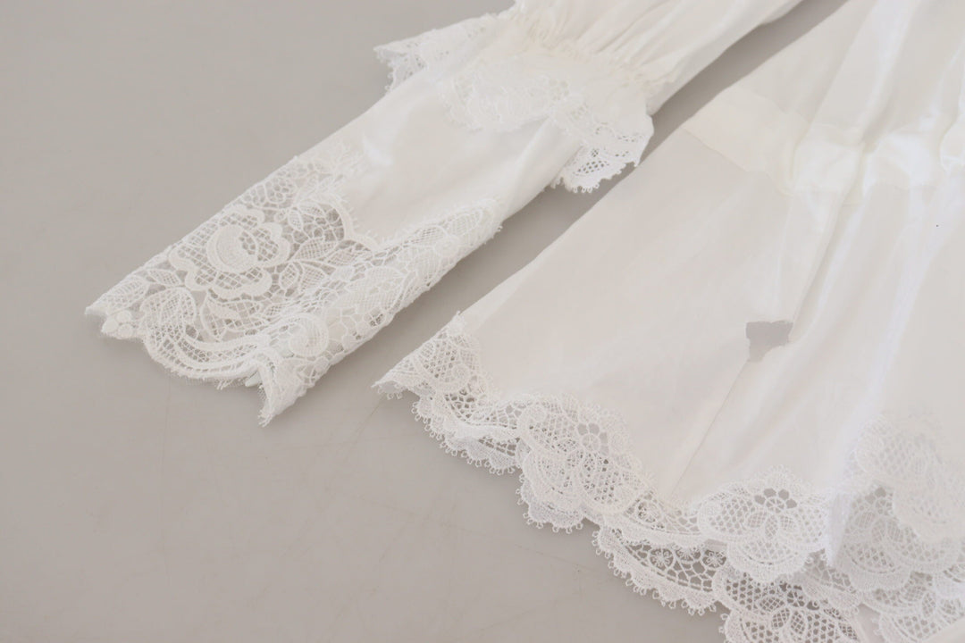 Dolce &amp; Gabbana - White Cotton Lace Trim Turtle Neck Blouse Top