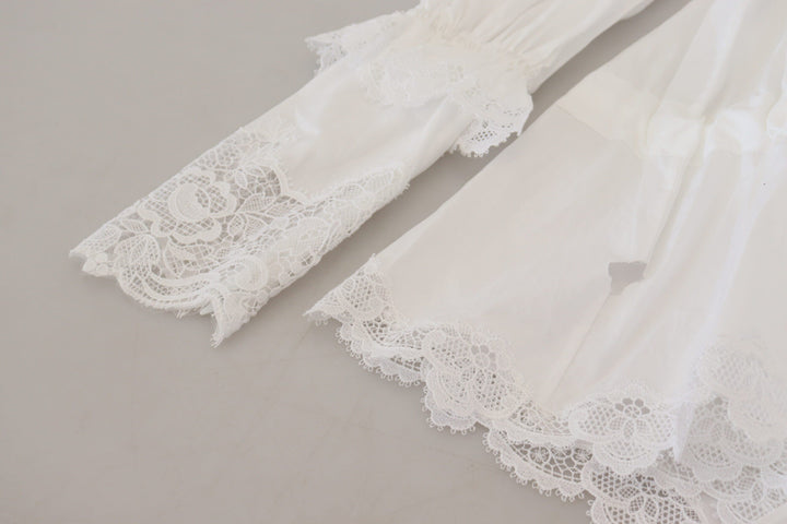 Dolce &amp; Gabbana - White Cotton Lace Trim Turtle Neck Blouse Top
