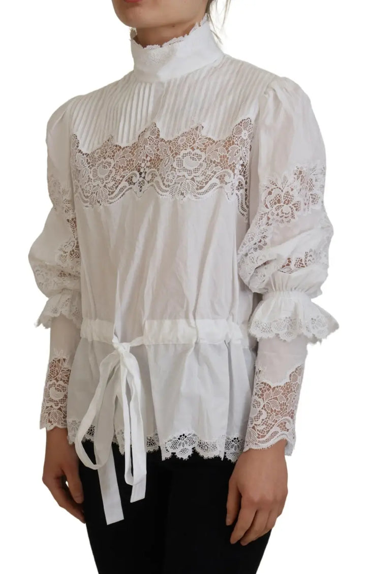 Dolce &amp; Gabbana White Cotton Lace Trim Turtle Neck Blouse Top