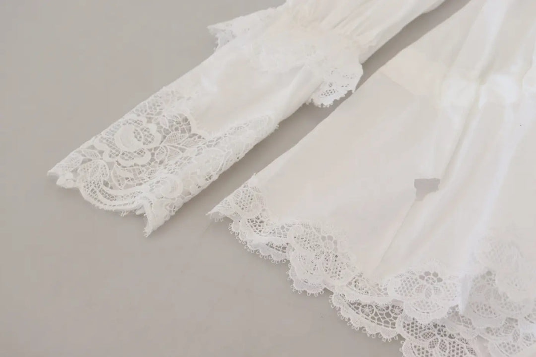 Dolce &amp; Gabbana White Cotton Lace Trim Turtle Neck Blouse Top