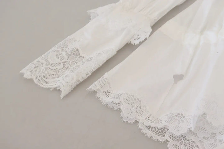 Dolce &amp; Gabbana White Cotton Lace Trim Turtle Neck Blouse Top