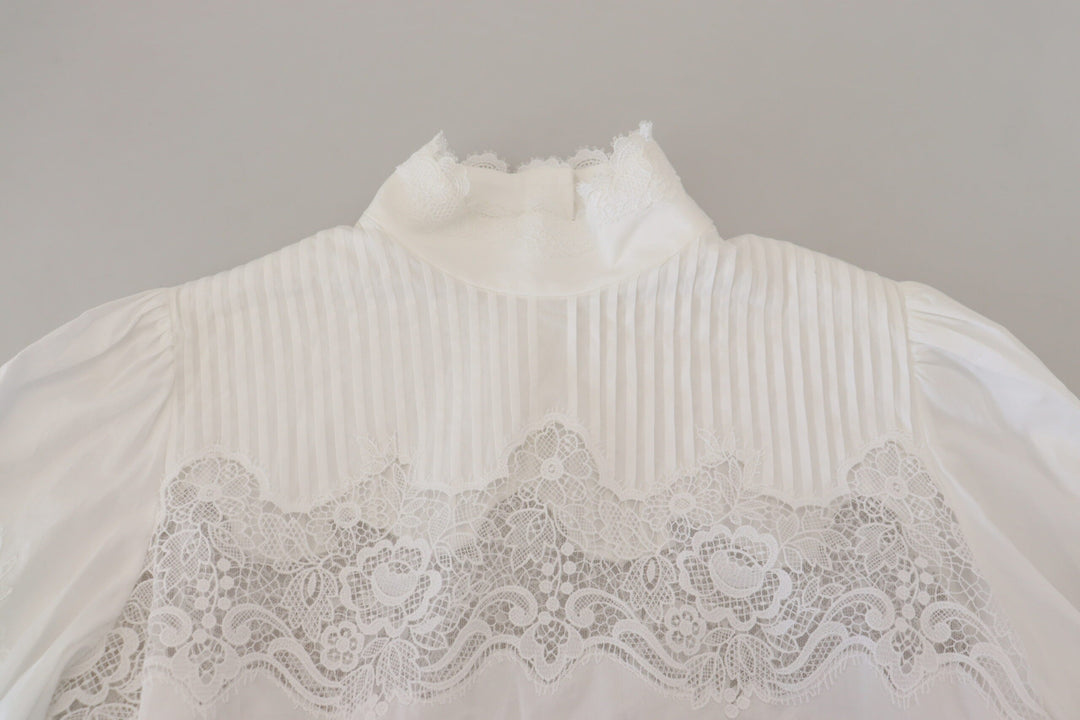 Dolce &amp; Gabbana - White Cotton Lace Trim Turtle Neck Blouse Top