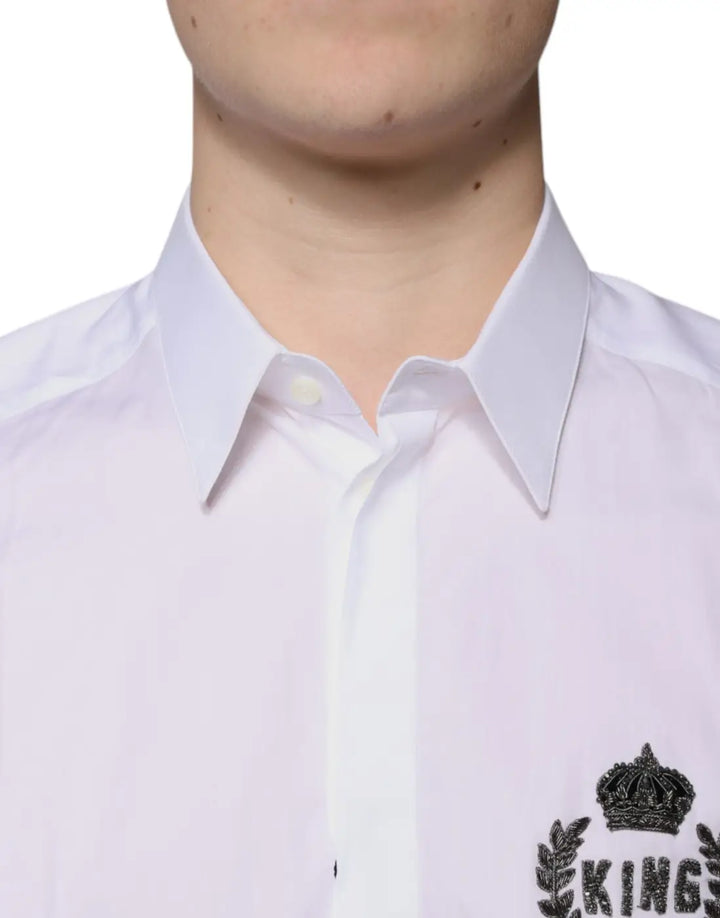 Dolce &amp; Gabbana White Cotton Logo Formal Men GOLD Dress Shirt