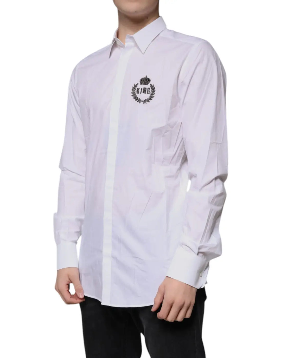 Dolce &amp; Gabbana White Cotton Logo Formal Men GOLD Dress Shirt